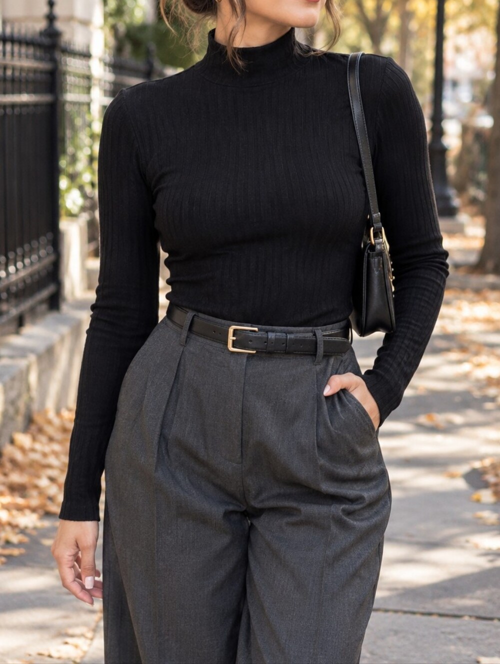 Topshop Black Ribbed Mock Neck Long Sleeve Sweater Top Minimalist Dark Academia